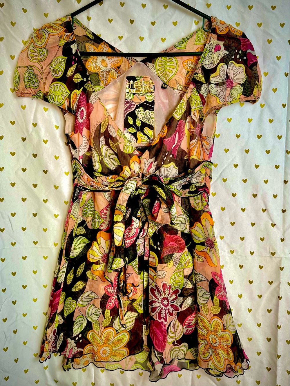 Vintage Miss Sixty Y2K 70s inspired short sleeve blouse w sash tie XS like new